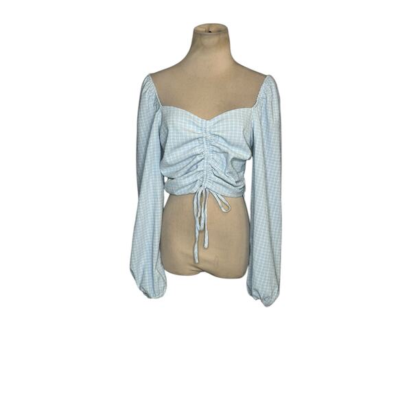 Vestique Blue White Checkered Pattern Long Sleeves Ruched Crop Top size M - Picture 16 of 16